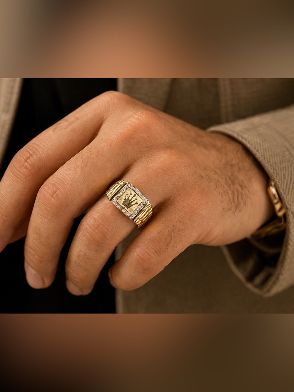 Gold-Tone Crown Signet Ring with Pavé Accents